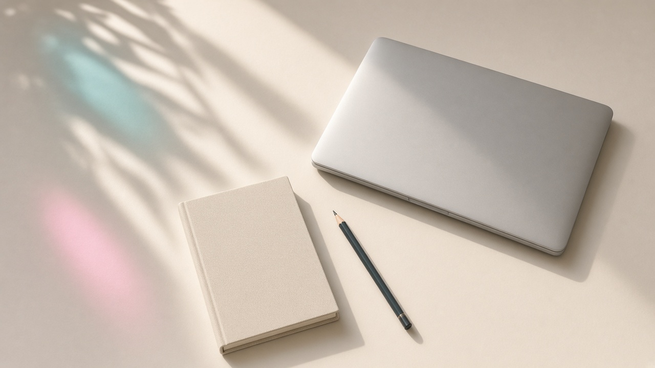 A quiet desk with a closed laptop, a notebook, and a pencil in soft daylight.