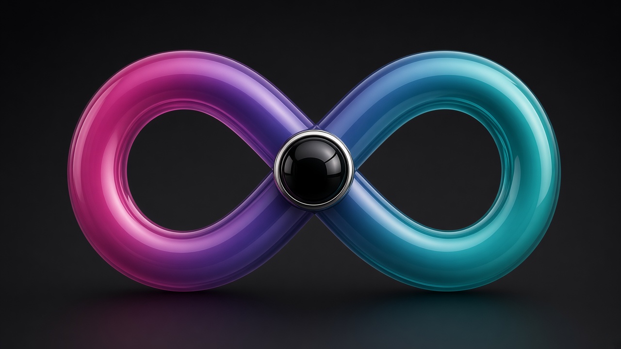 A magenta and teal infinity loop with a black onyx set in metal at the crossing.